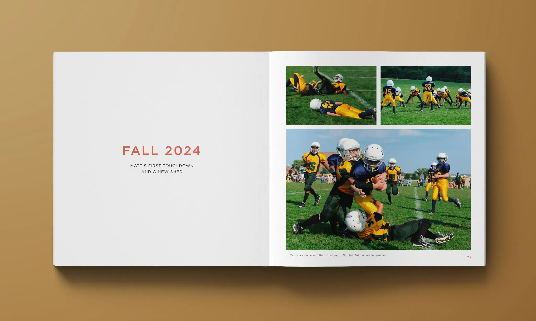 StoryTerrace - Books That Matter - Open album displaying "Fall 2024" and youth football game photos.