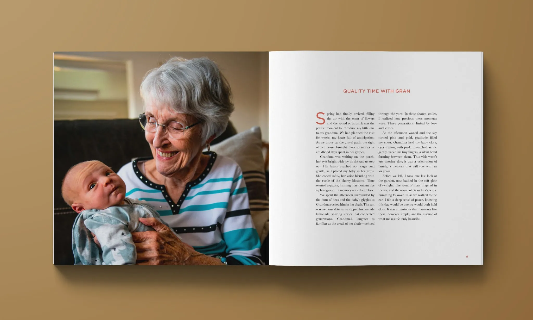 StoryTerrace - Books That Matter - Open album displaying a grandmother holding a baby and "Quality Time with Gran" text.