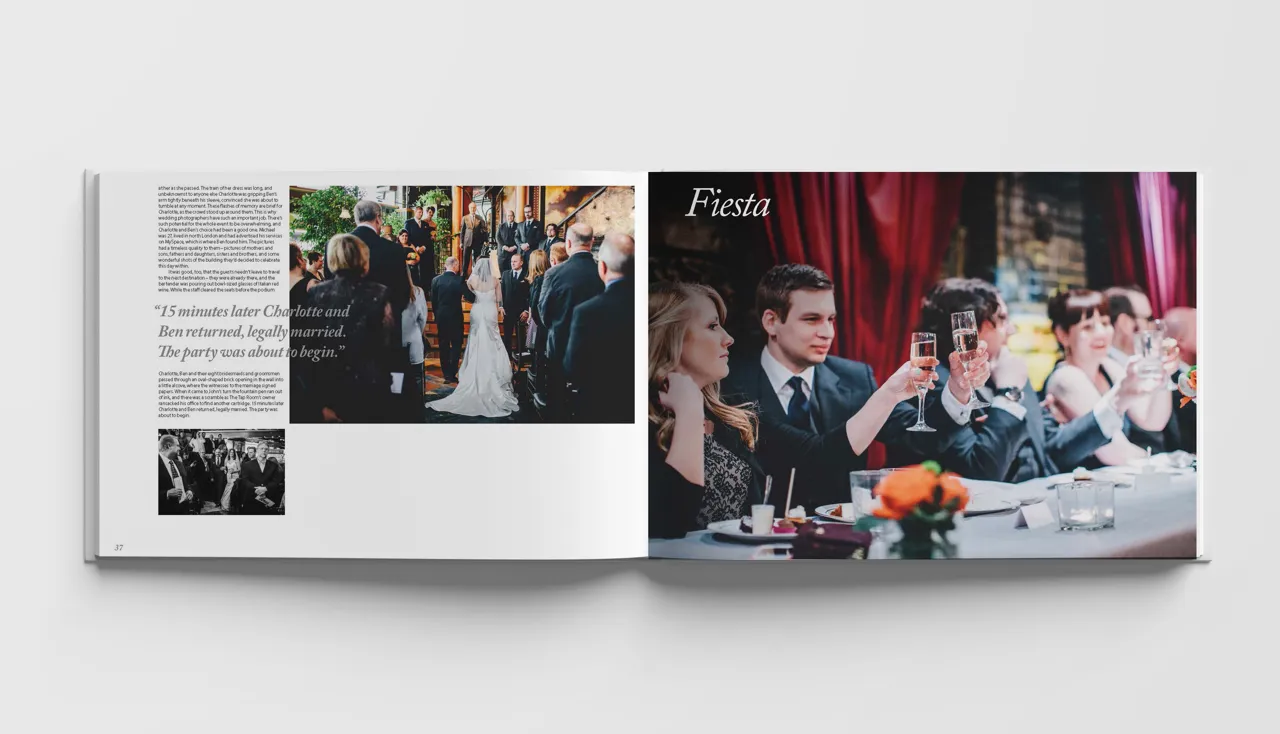StoryTerrace - Books That Matter - Open wedding album displaying ceremony and reception images.