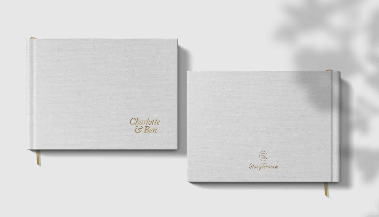 StoryTerrace - Books That Matter - Two white books: "Charlotte & Ben" and "StoryTerrace" logos.