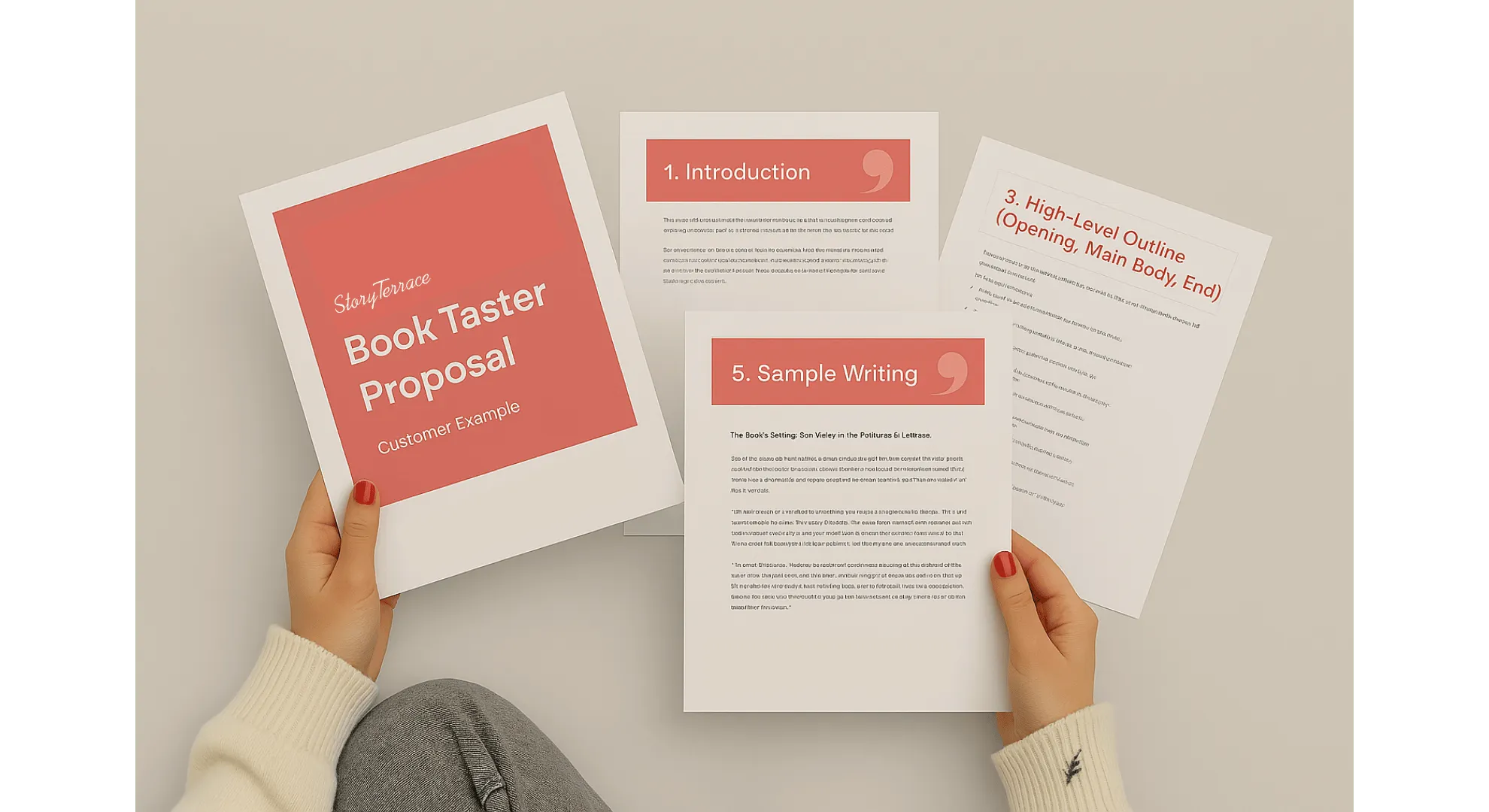 StoryTerrace - Books That Matter - Hands holding a "Book Taster Proposal" with sample pages.