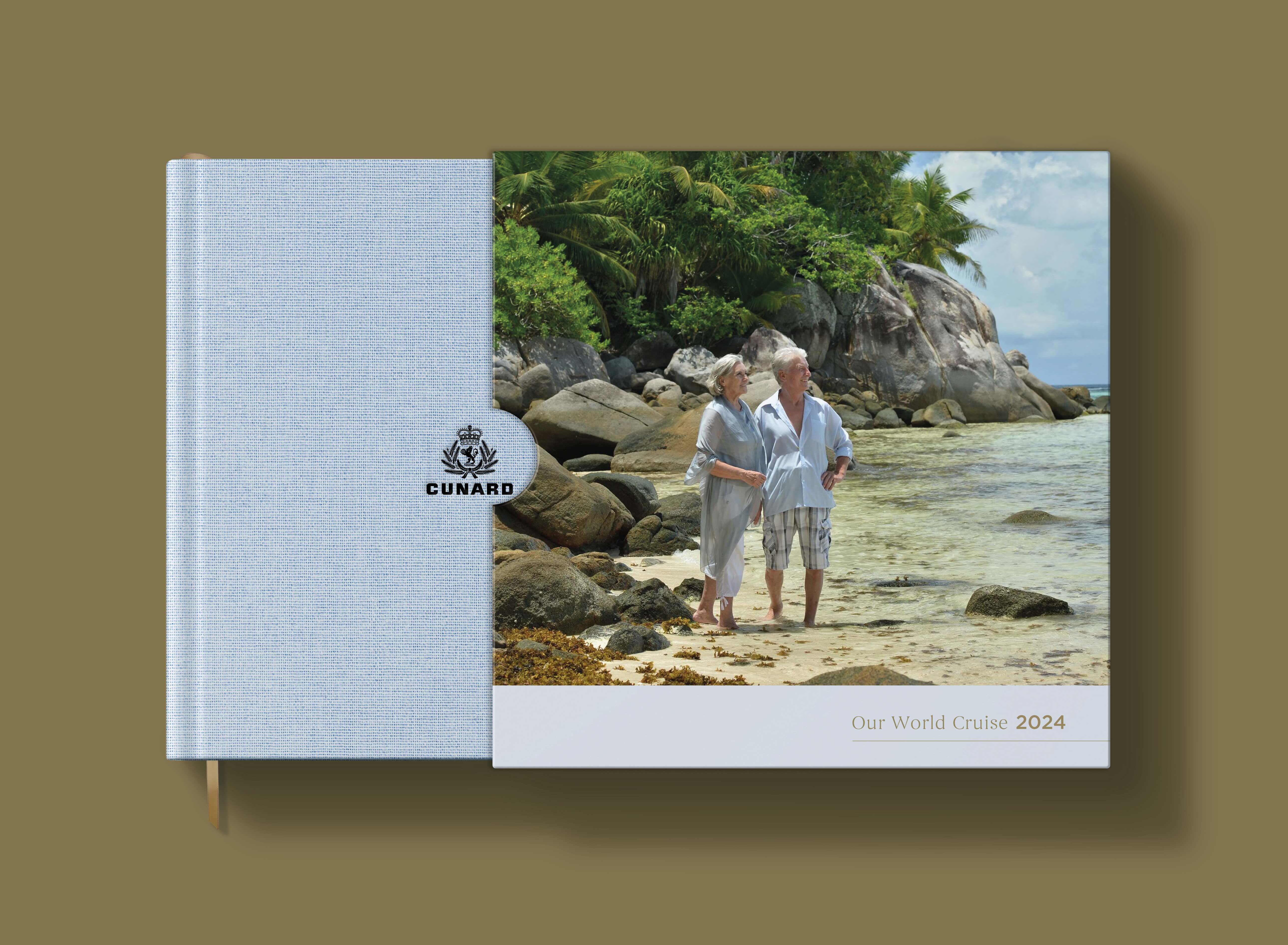 StoryTerrace - Books That Matter - Hardcover book titled "Our World Cruise 2024" featuring an older couple walking barefoot along a tropical beach, published by Cunard.
