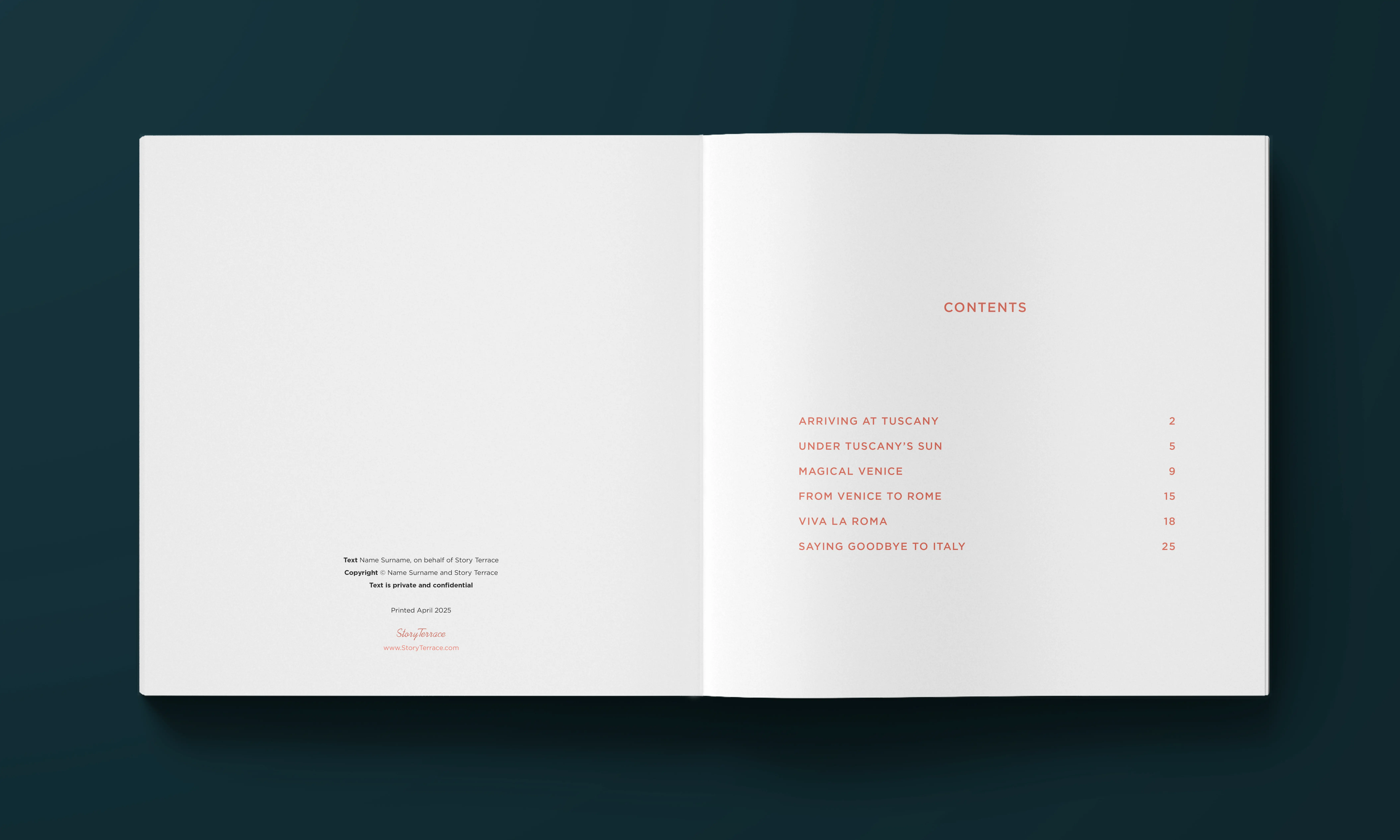 StoryTerrace - Books That Matter - Open book showing table of contents with chapters about Tuscany, Venice, and Rome on a dark background.