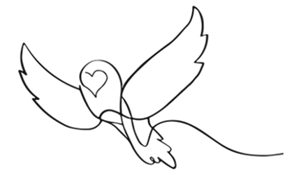 Minimalist continuous line drawing of a flying owl with a heart-shaped face.