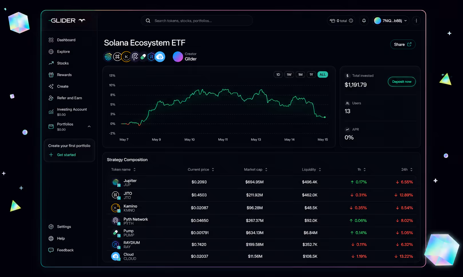 Glider interface showing tokenized stocks and RWA portfolio assets