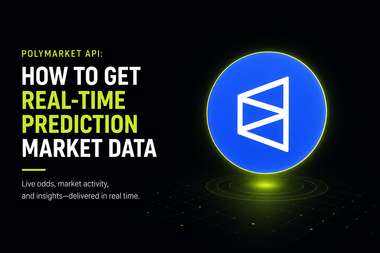 Dark futuristic banner showing the Polymarket logo connected to streams of structured prediction market data: probability charts, trade feeds, and volume stats flowing through an API.