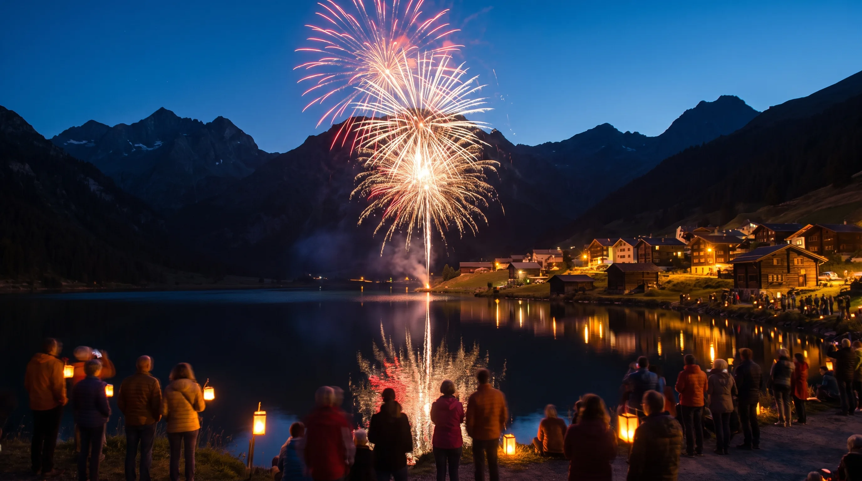 Vuurwerk boven een Zwitsers bergdorp aan een meer op 1 augustus