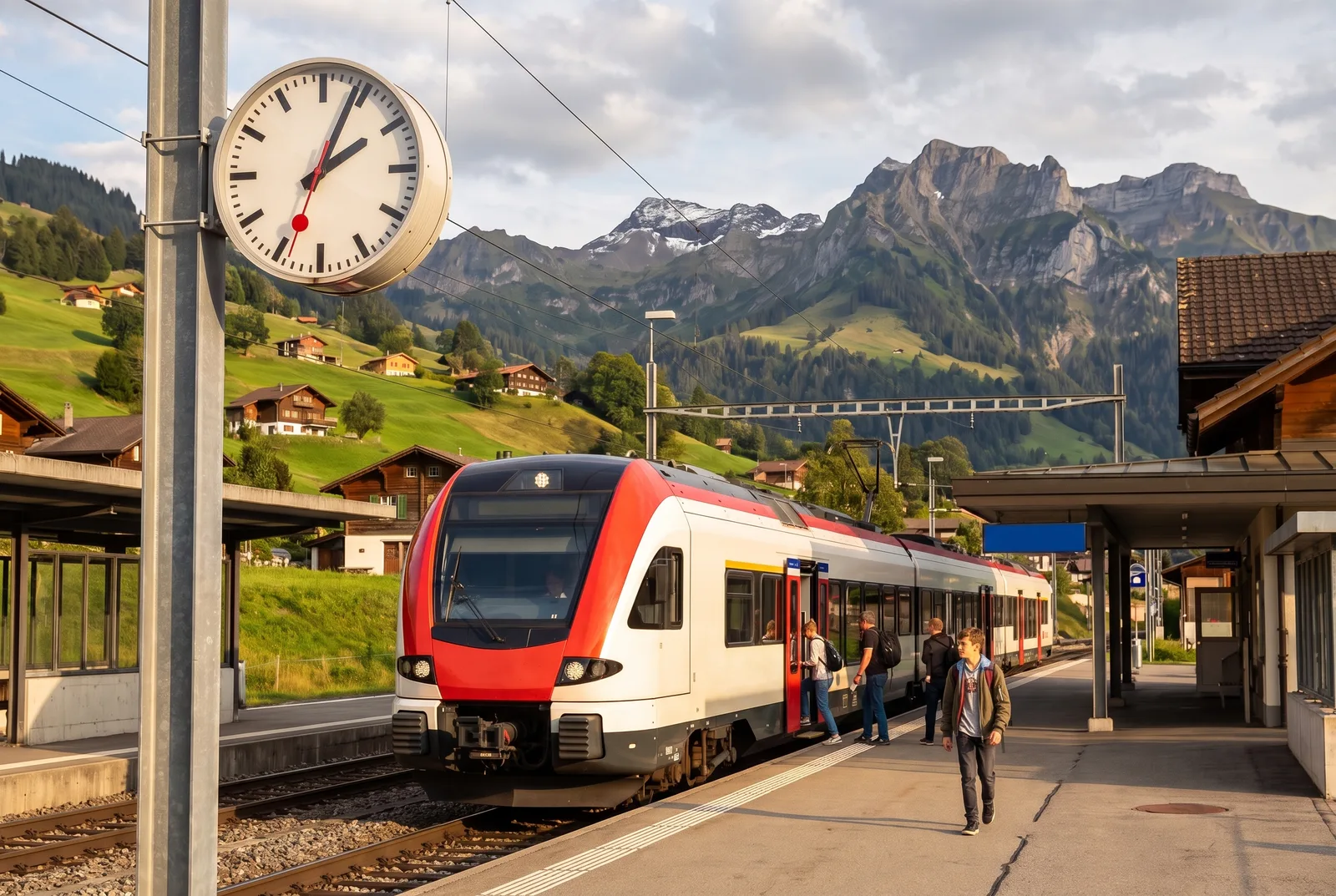 Zwitserse stationsklok en rode trein op een perron met bergen op de achtergrond