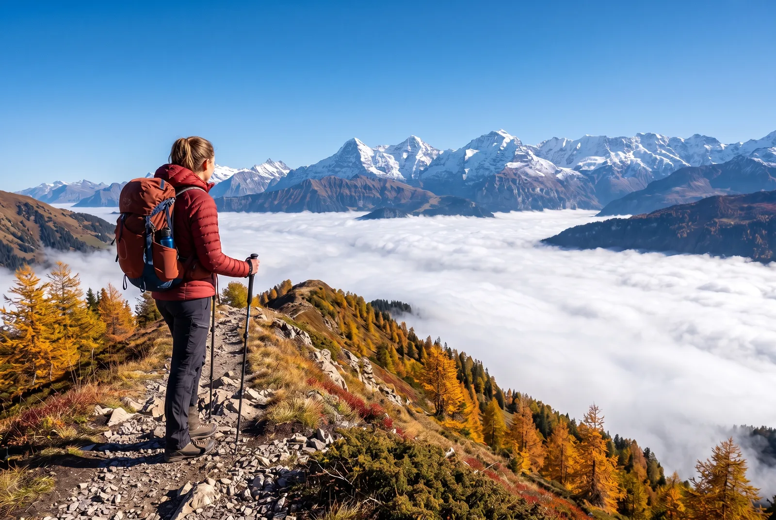 Wanderin auf einem Bergkamm in der Herbstsonne, mit Nebelmeer im Tal und Lärchen in Herbstfarben