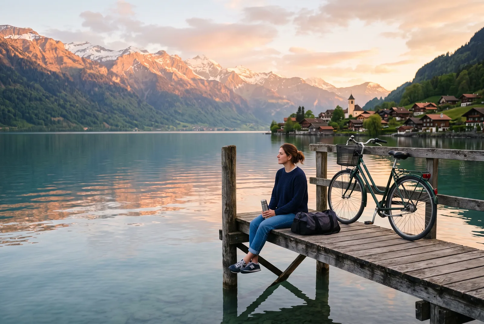 Frau auf einem Holzsteg an einem Schweizer See bei Sonnenuntergang, mit Fahrrad und Sporttasche nach der Arbeit