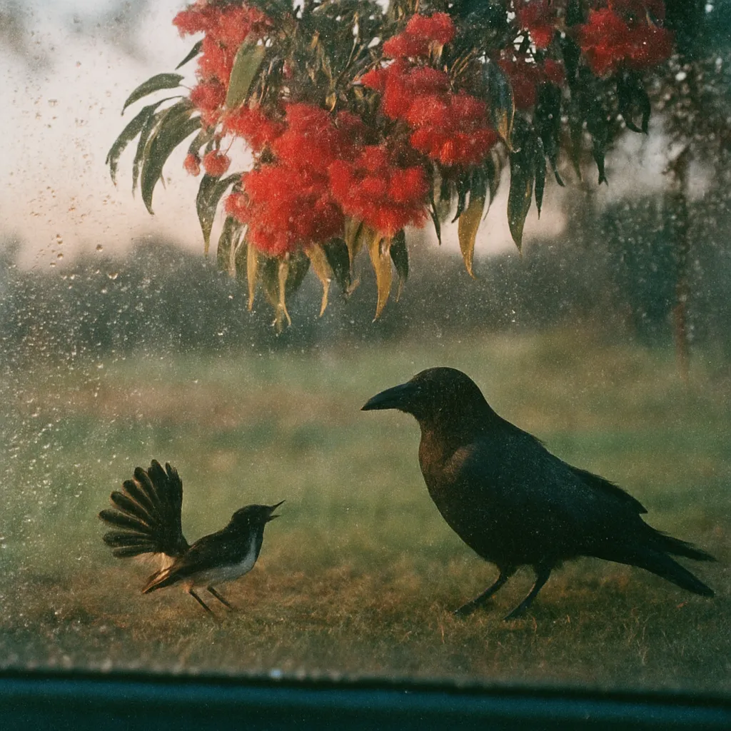 Lone willy wagtail confronting a crow beneath a red flowering gum tree - representing grassroots resilience