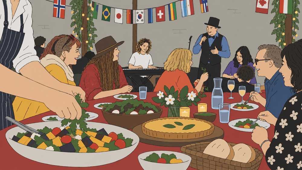 Illustration of a busy shared lunch table under international flag bunting, with a keyboard player and a singer in a top hat performing behind the diners