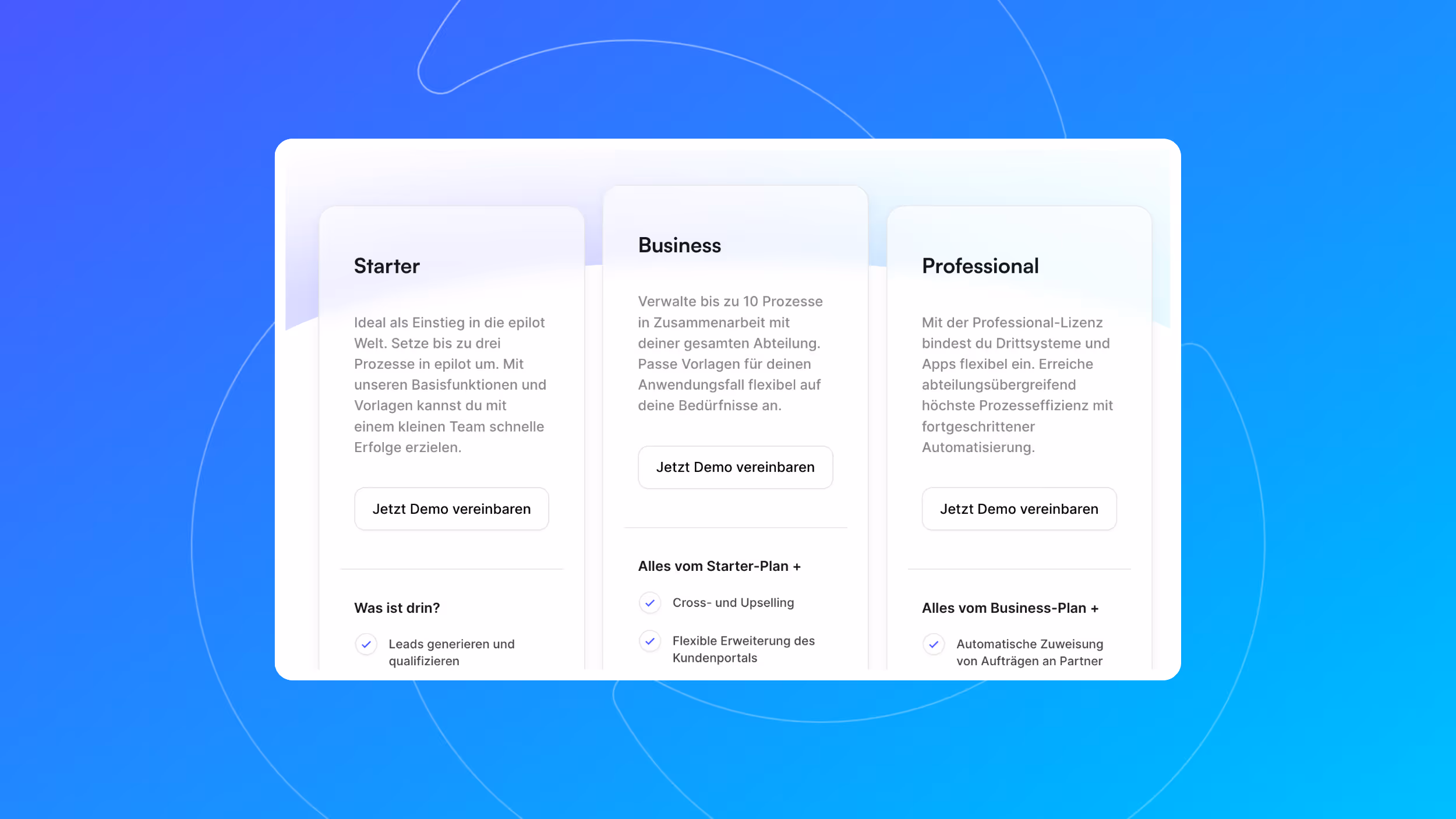 Drei Preistarife mit Beschreibungen für Starter, Business und Professional, jeweils mit Schaltfläche 'Jetzt Demo vereinbaren'.