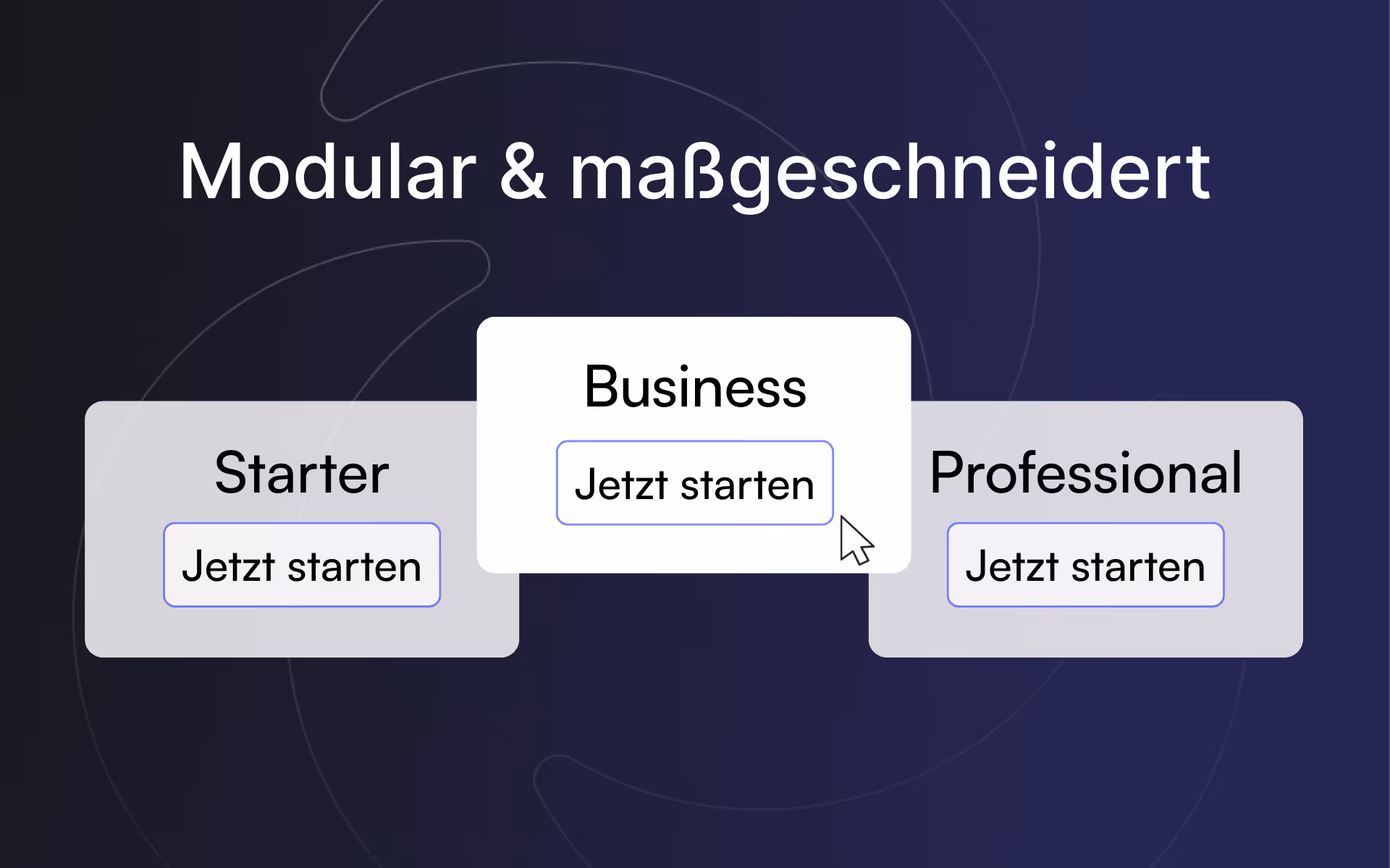 Modulare und maßgeschneiderte Preispakete mit wählen zwischen Starter, Business und Professional, jeweils mit 'Jetzt starten' Button.