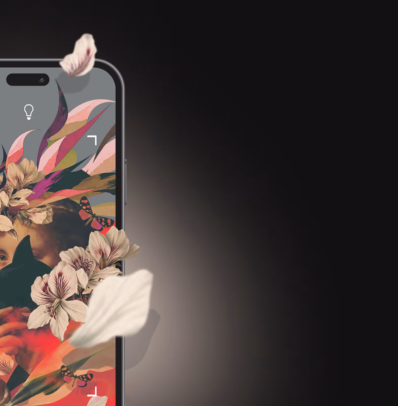 Close-up of a smartphone screen displaying a digital artwork of a person's face mixed with flowers, leaves, and butterflies on a dark gradient background.