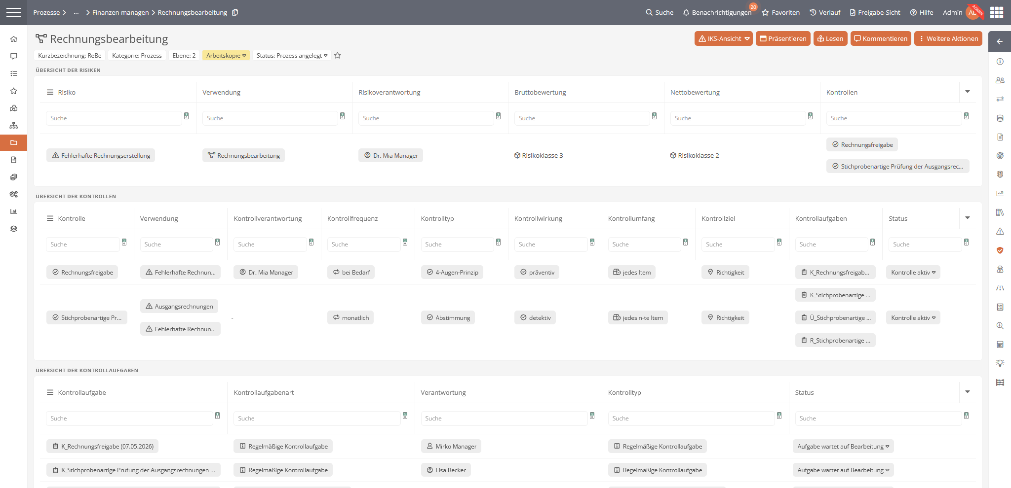 Übersicht der verknüpften Risiken, Kontrollen und Maßnahmen im Prozess
