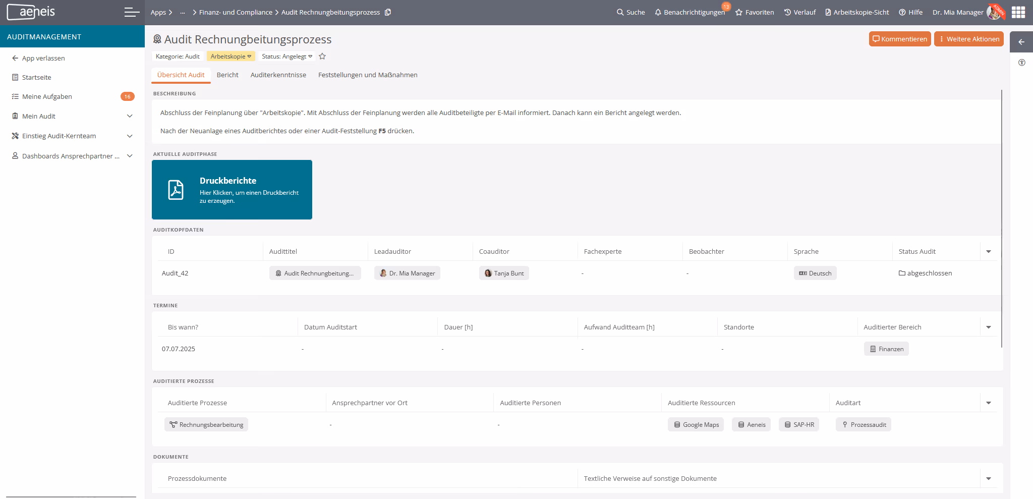 Audit-Überblick im Auditmanagementsystem Aeneis