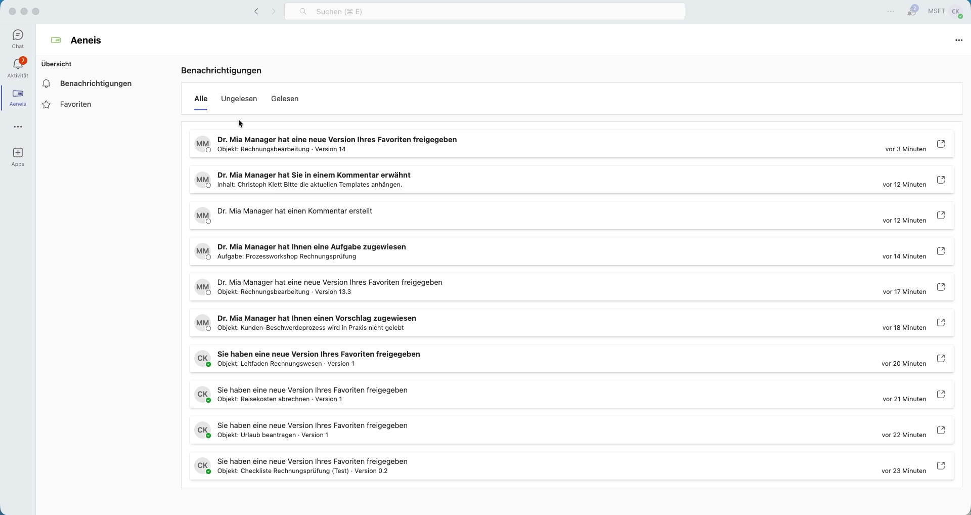 Aeneis in Teams mit allen Benachrichtigungen und Favoriten aus Aeneis