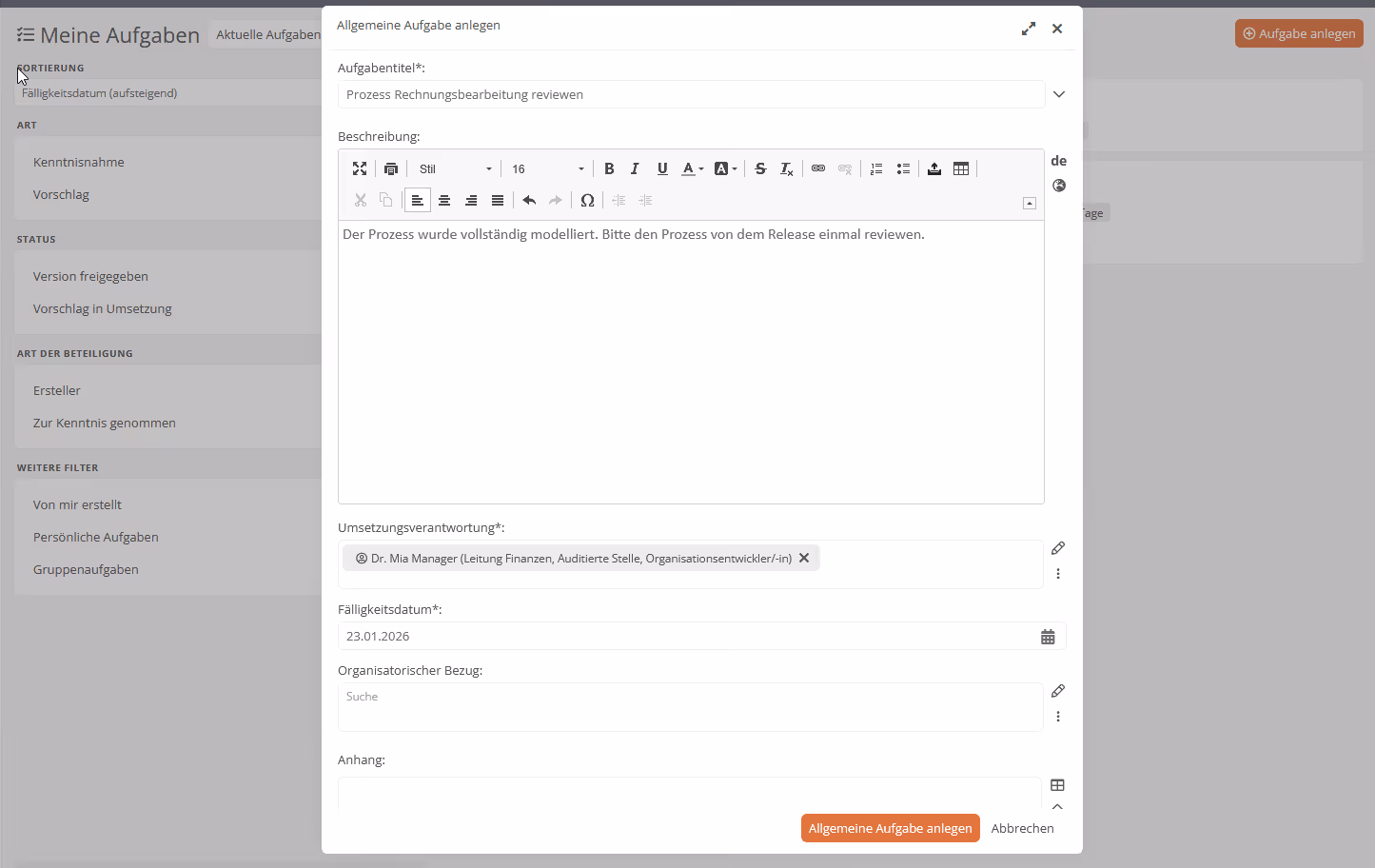 Anlegen-Dialog einer generellen Aufgabe im BPM-Portal Aeneis