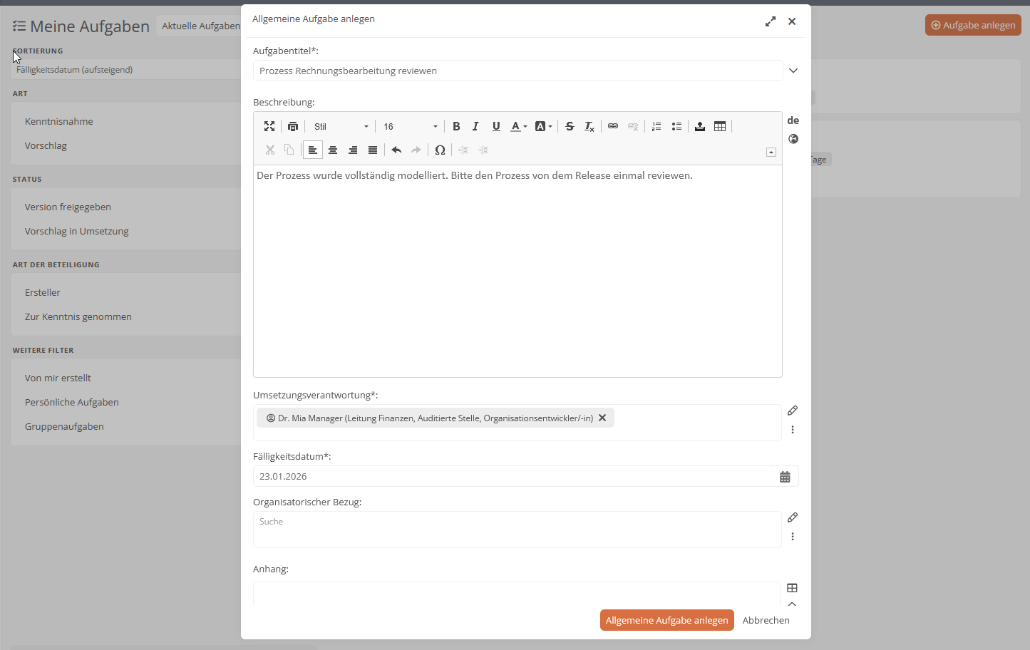 Anlegen-Dialog einer generellen Aufgabe im BPM-Portal Aeneis