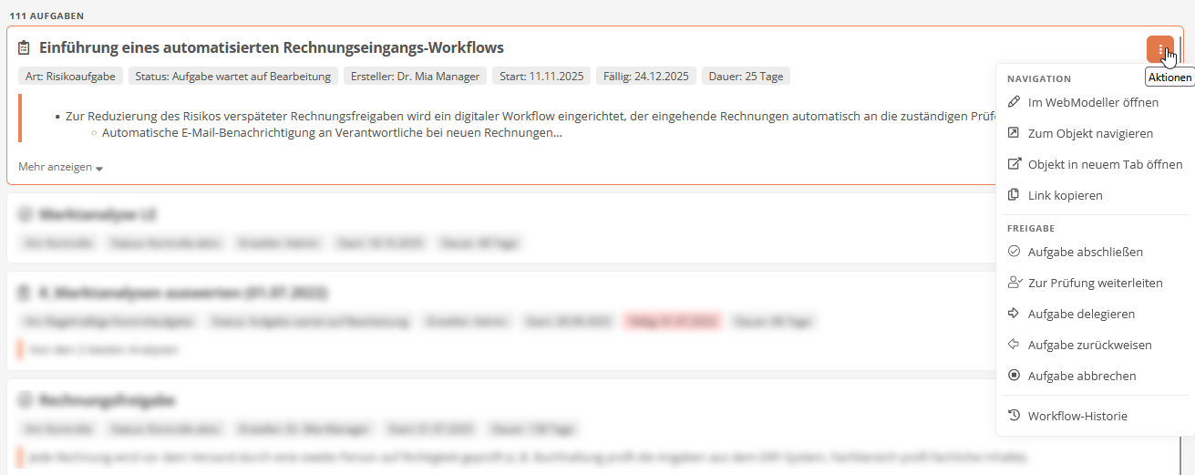 Kontextmenü einer Aufgabe mit Aktionen zum Abarbeiten
