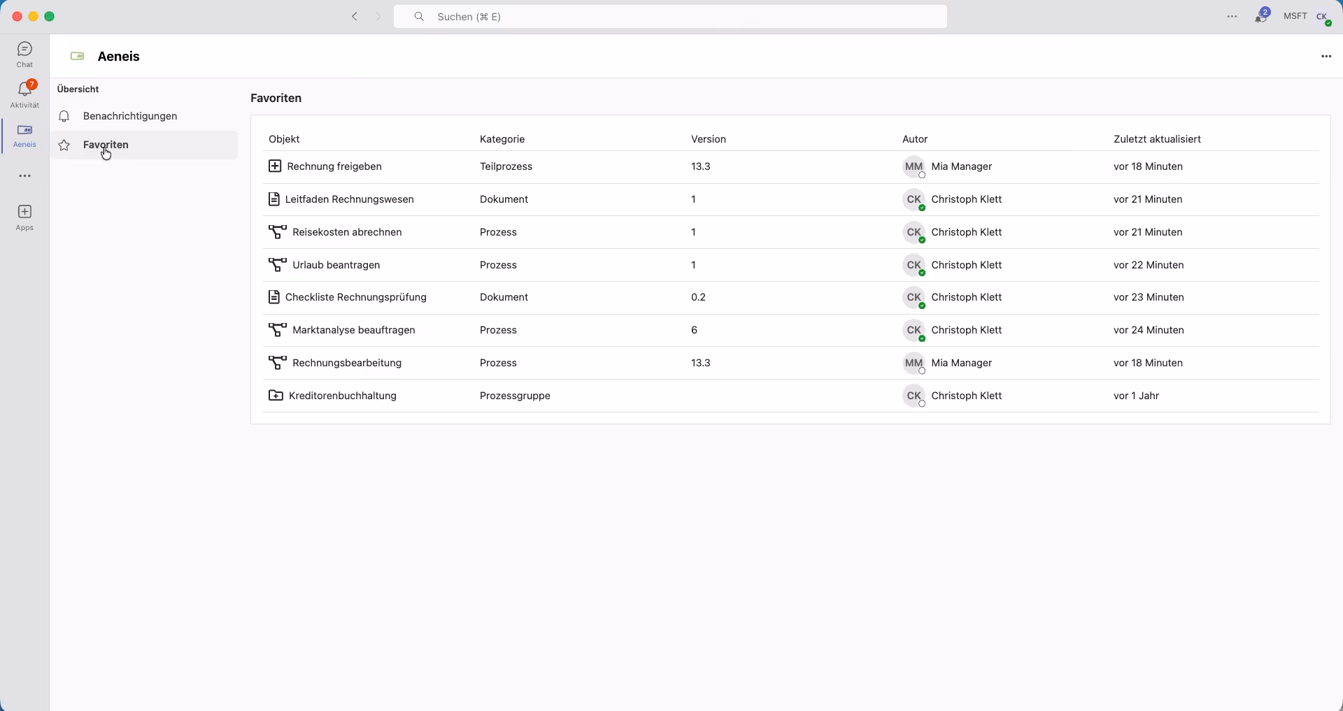 Aeneis-Favoriten in der Aeneis-App in Microsoft Teams