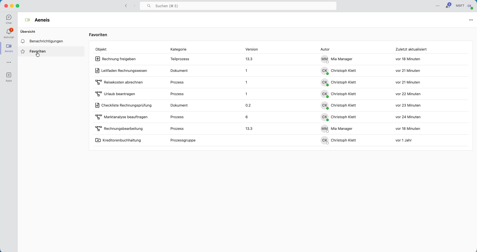 Aeneis-Favoriten in der Aeneis-App in Microsoft Teams