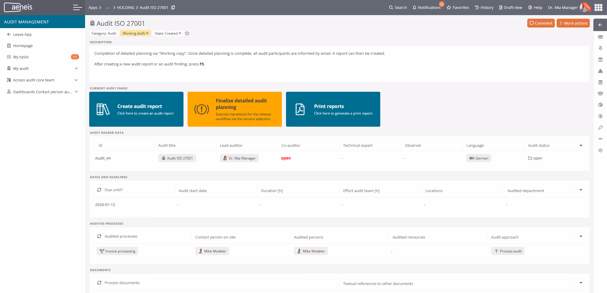 Audit overview in the Aeneis audit management system