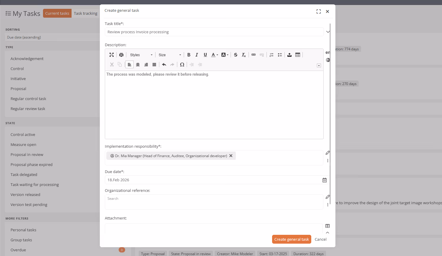 Creation dialog for a general task in the Aeneis BPM portal