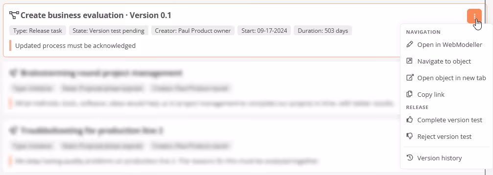 Context menu of a task with actions for processing