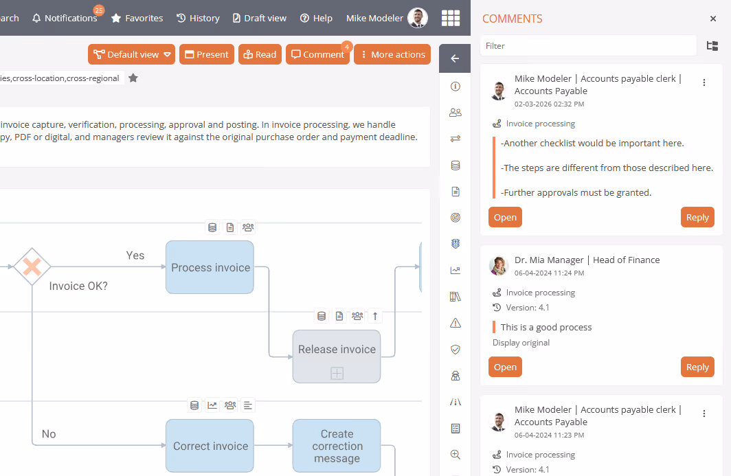 Comments in a process