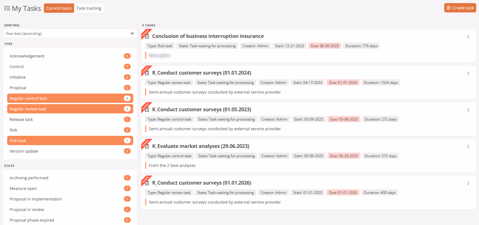 Task dashboard with review, control, and risk tasks