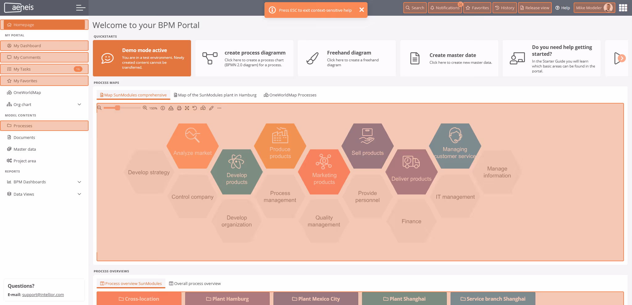 Highlighted areas of the context-sensitive help in the Aeneis BPM portal