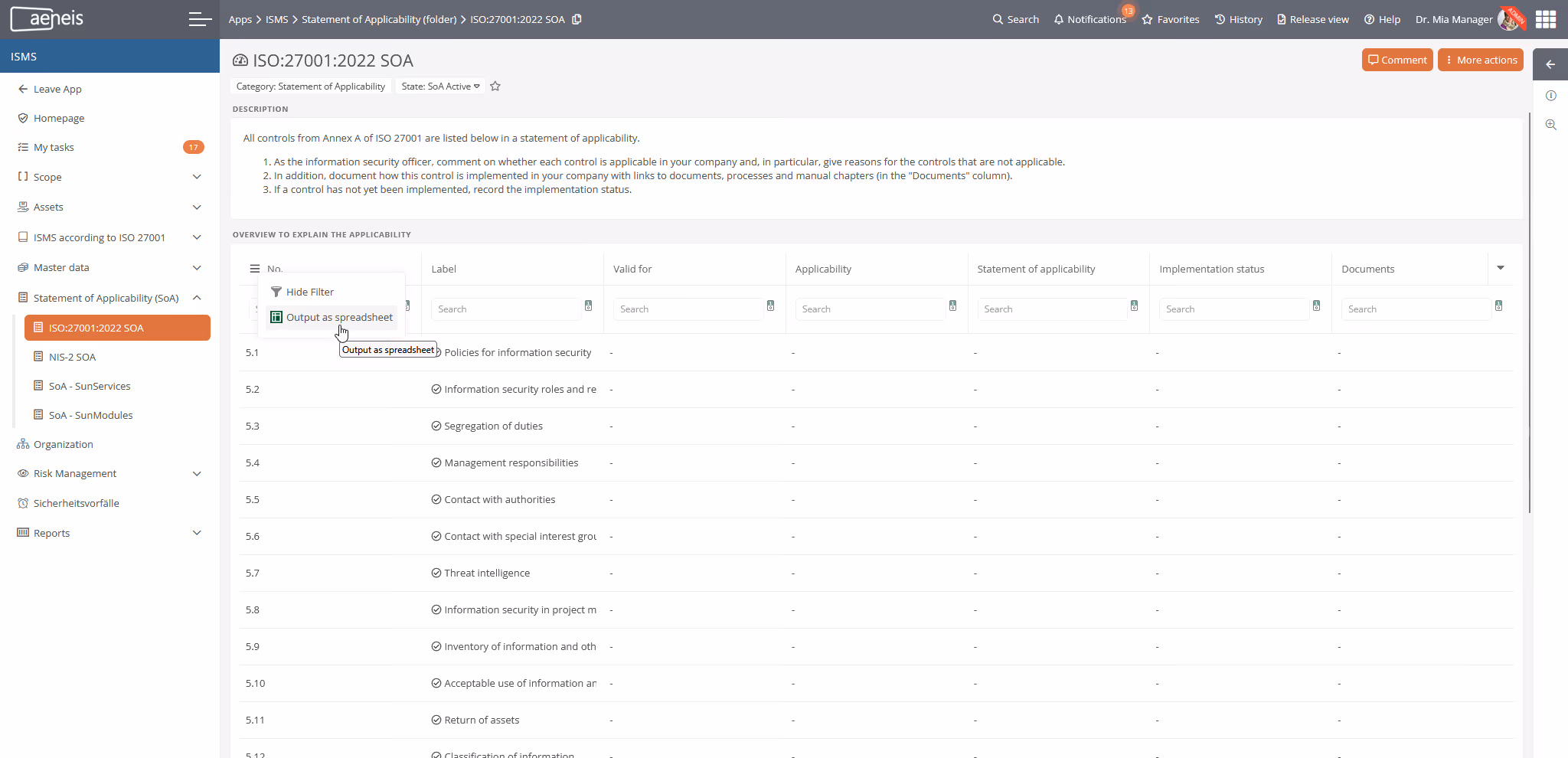 Exporting the declaration of applicability to an Excel spreadsheet