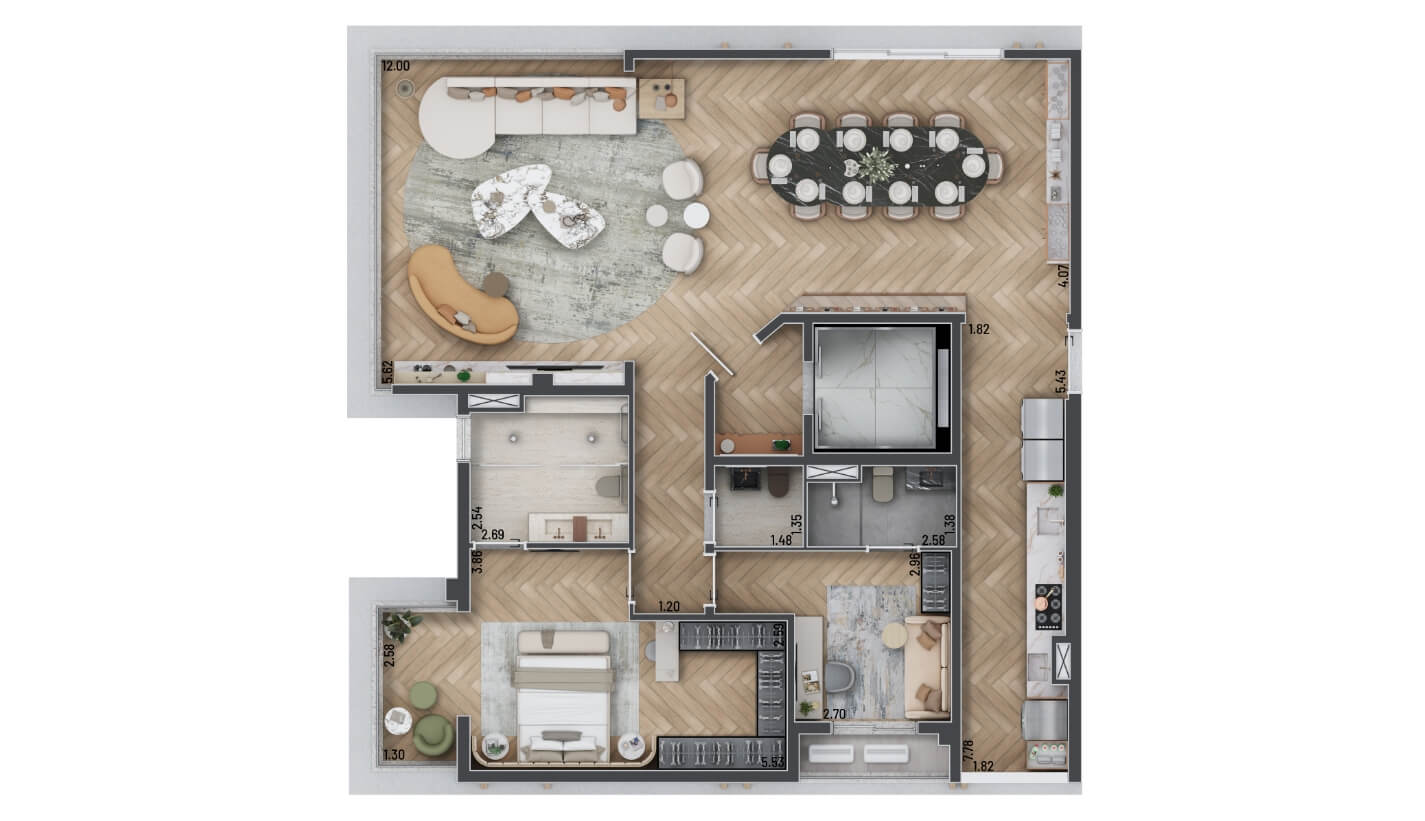 Planta opção – 2 dorms. (2 suítes) – 145 m²