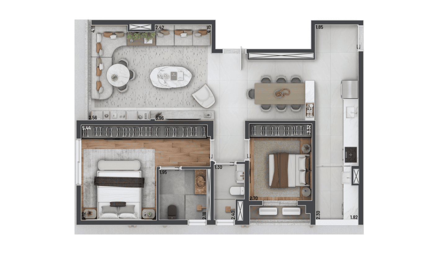 Planta opção – 102 m² – 2 dorms. (1 suíte)