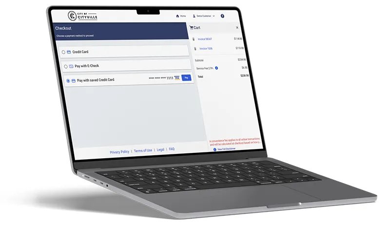 Laptop shown accessing Teller's online payment portal.