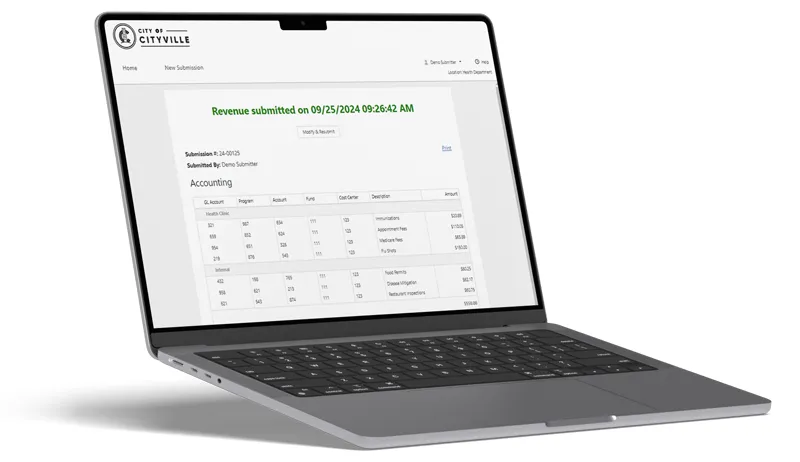 Laptop shown accessing Teller's revenue submission portal.