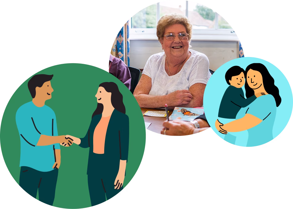 Collage: elderly woman smiling at table, illustration of handshake, and a mother holding child.