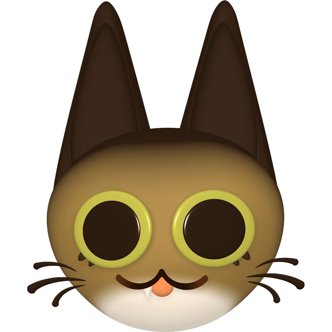 3D cartoon cat face with large green-rimmed eyes, pointy ears, whiskers, and small fangs.
