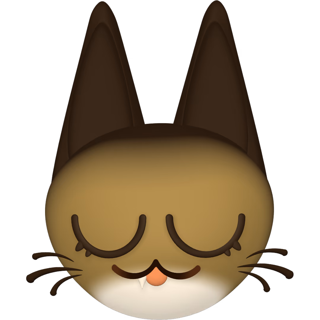 3D design of a sleeping cat face with closed eyes, brown ears, whiskers, and a small fang showing.