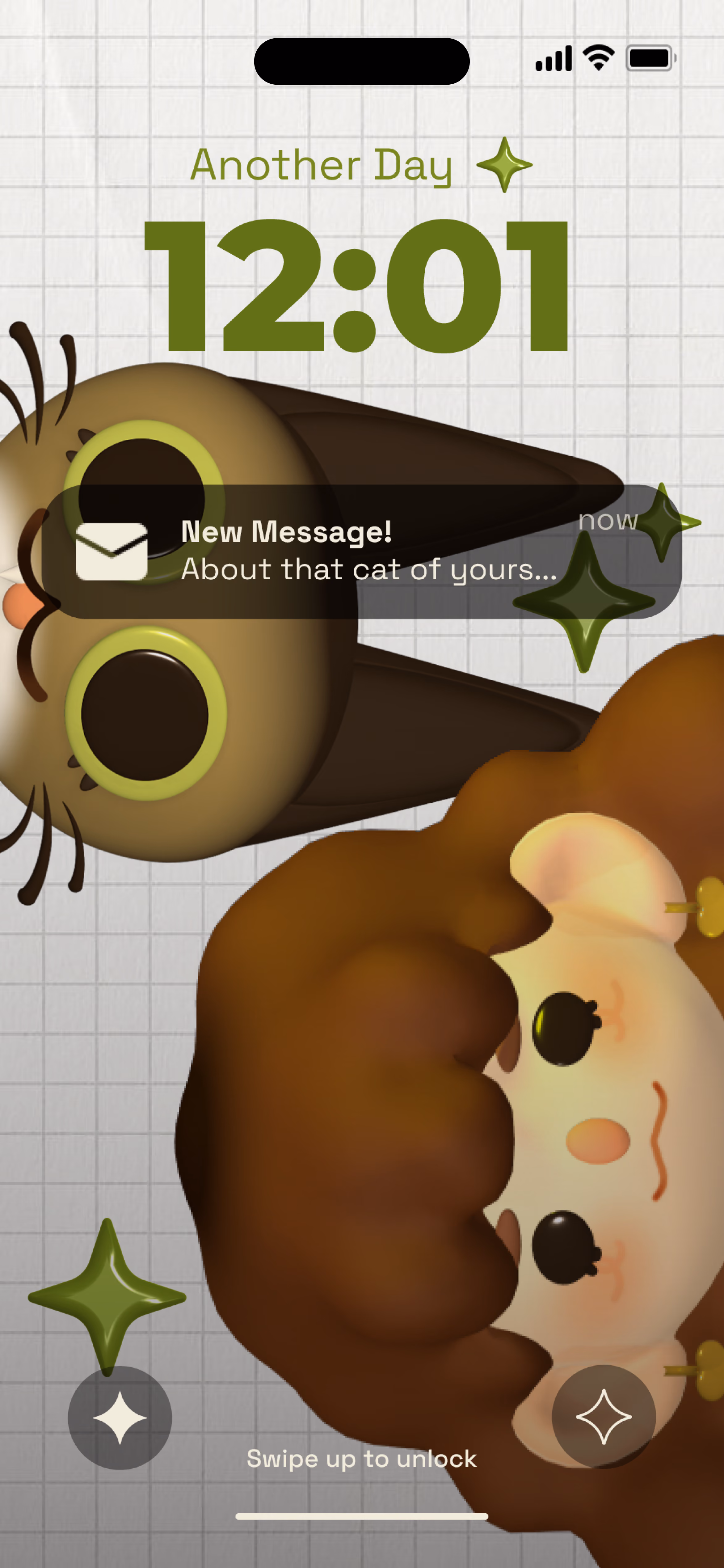 Phone lock screen showing 12:01, two cute cartoon characters, and text 'Another Day' with sparkle icons.