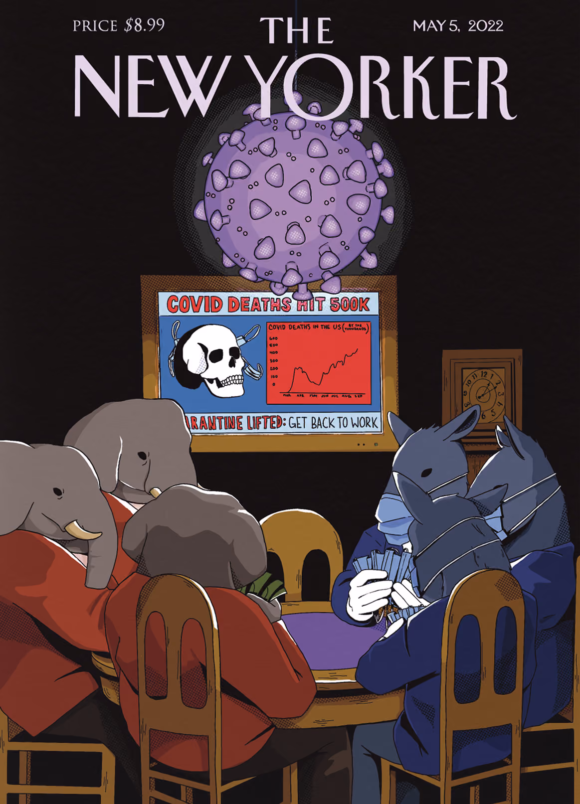 Cartoon elephants and donkeys wearing masks play cards under a large virus over a notice on 500K COVID deaths.