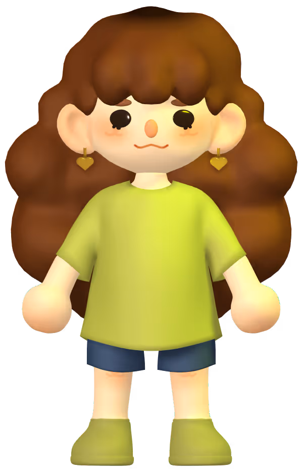 An illustrative 3-D model of a girl with curly hair and wearing a green shirt, denim shorts, and green shoes.