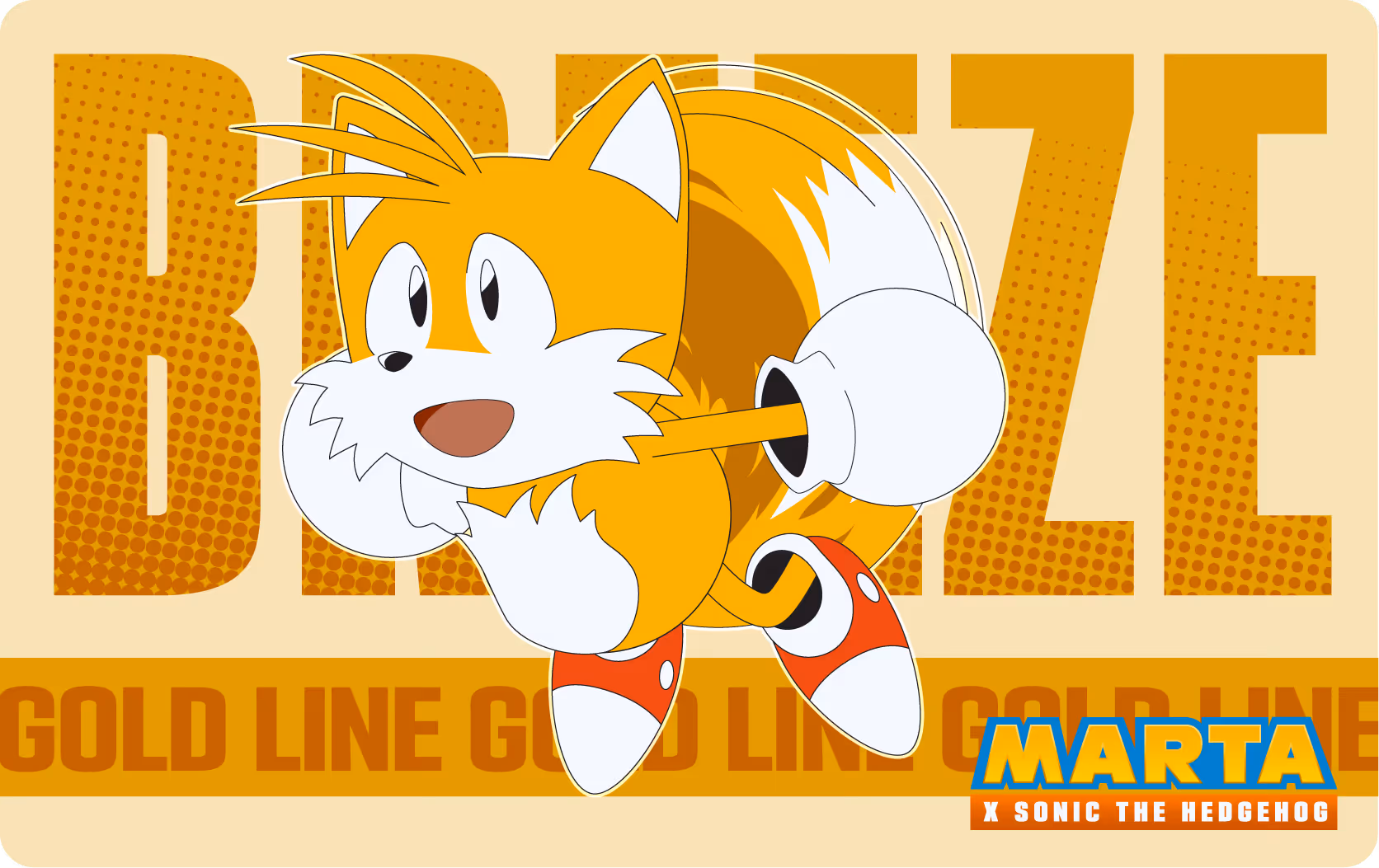 MARTA Breeze Card featuring Tails from Sonic the Hedgehog with clenched fists in front of a gold and beige background.