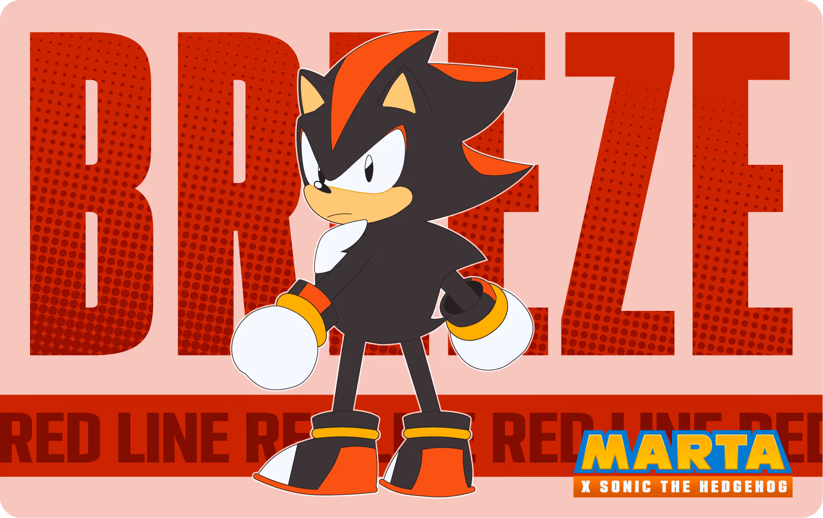 MARTA Breeze Card featuring Shadow the Hedgehog standing confidently on a red and pink background with text reading BREEZE and GREEN LINE.