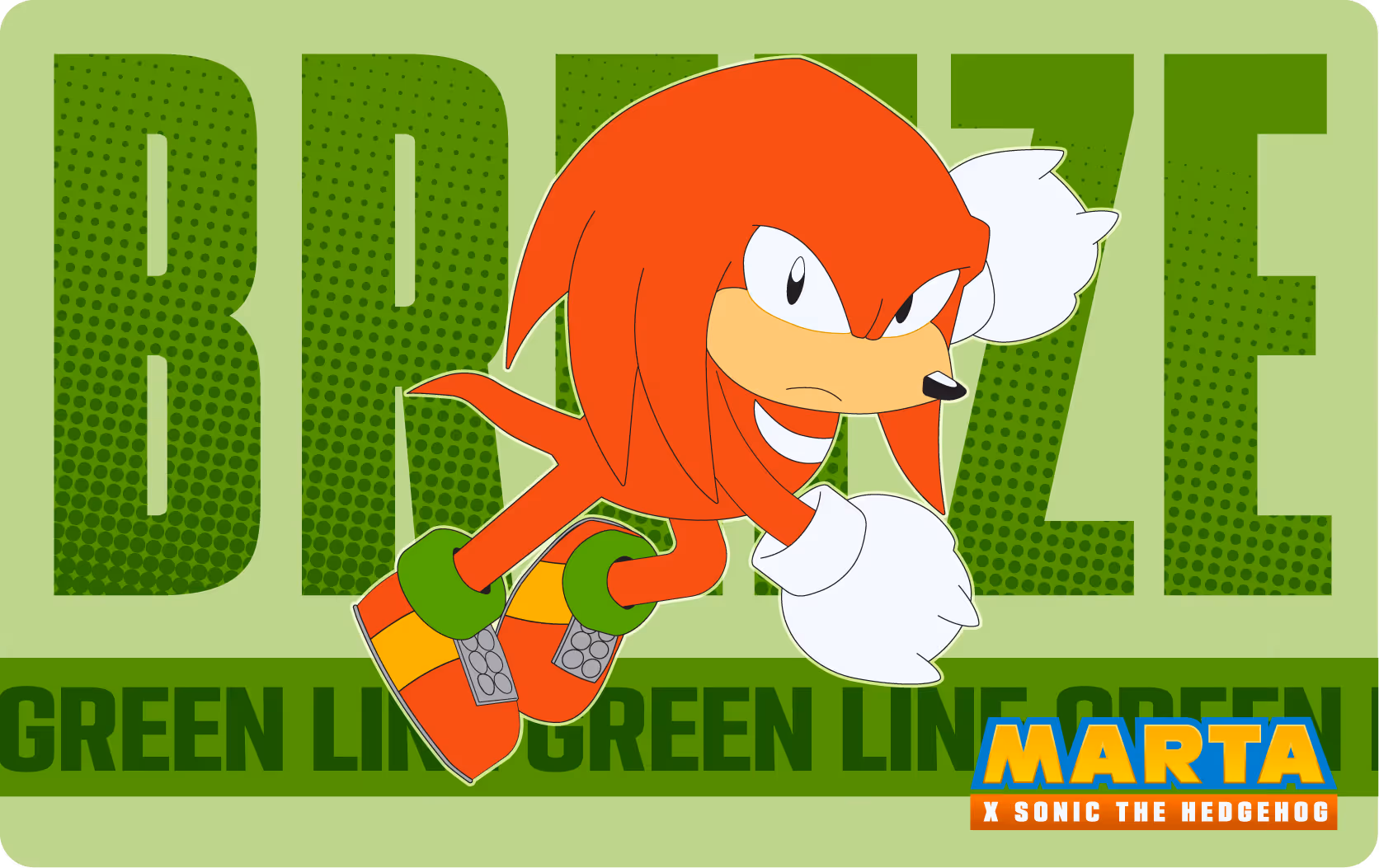 MARTA Breeze Card featuring Knuckles the Echidna from Sonic the Hedgehog in front of green text reading BREEZE and GREEN LINE.