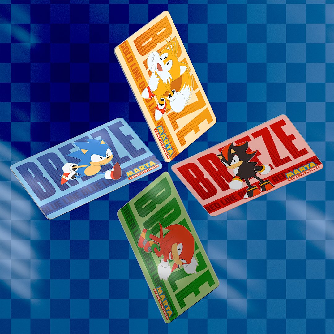 Four colorful cards featuring Sonic the Hedgehog characters on a blue checkered background.