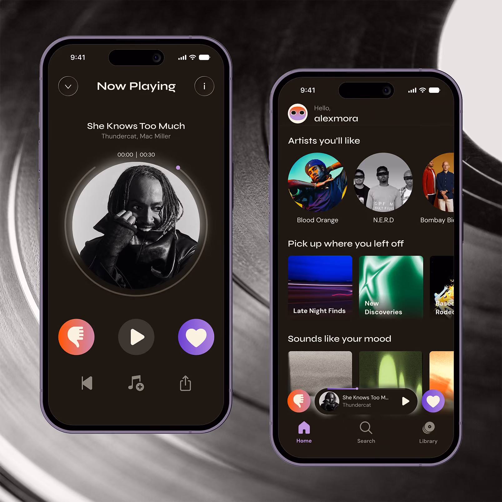 Two phones showing a music app: artist recommendations and currently playing song 'Them Changes' by Thundercat.