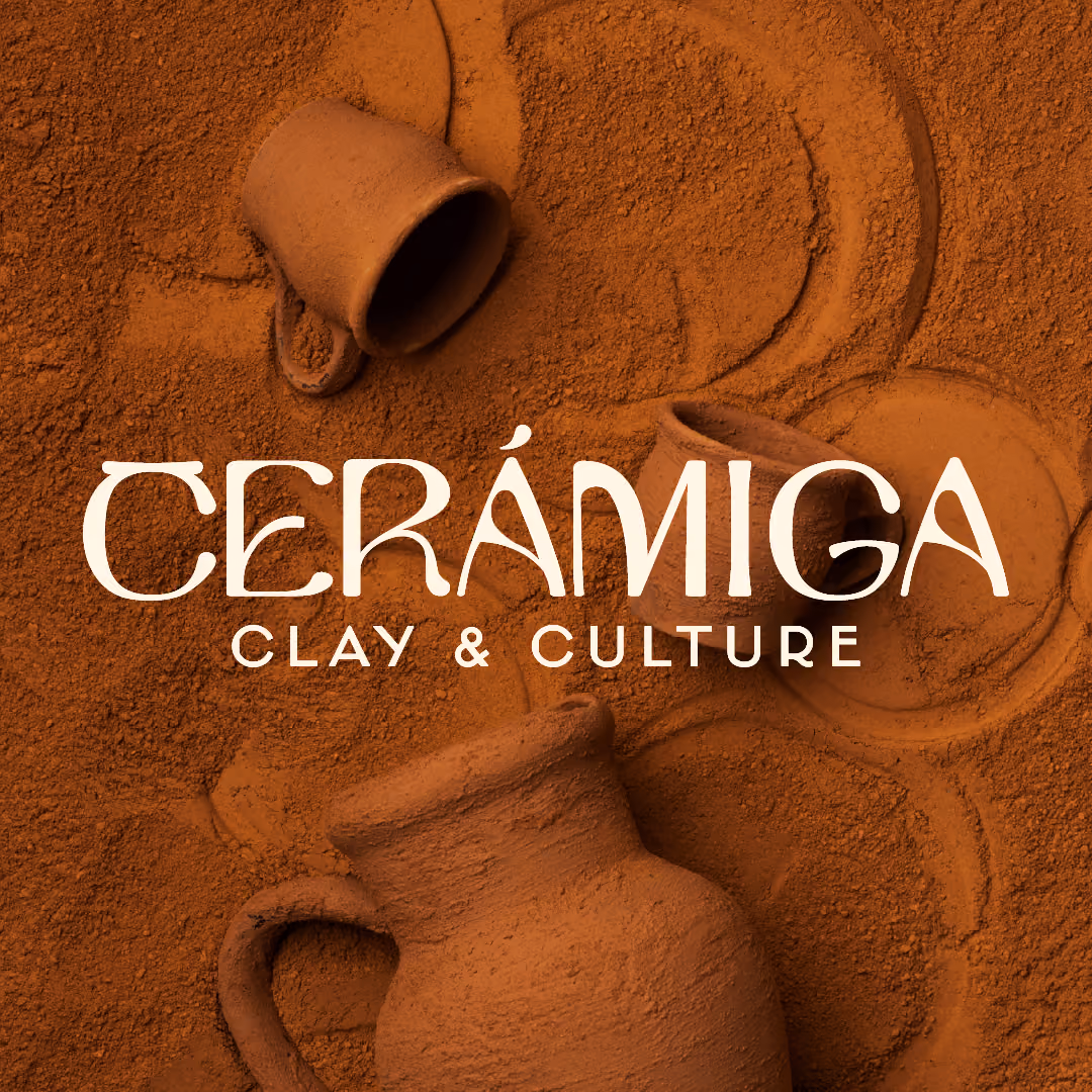 Clay pottery cups and a jug on a clay surface with text Cerámiga Clay & Culture.